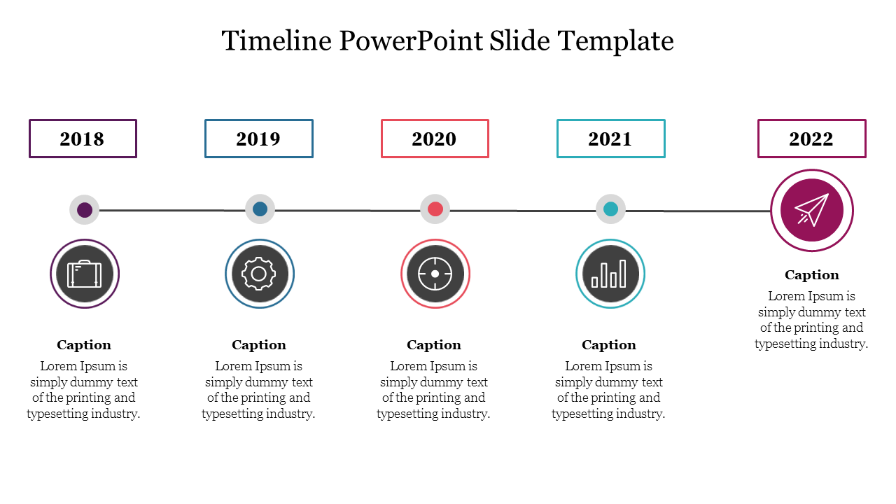 Horizontal timeline with five rectangular boxes with years from 2018 to 2022, each with circular icon and captions below.