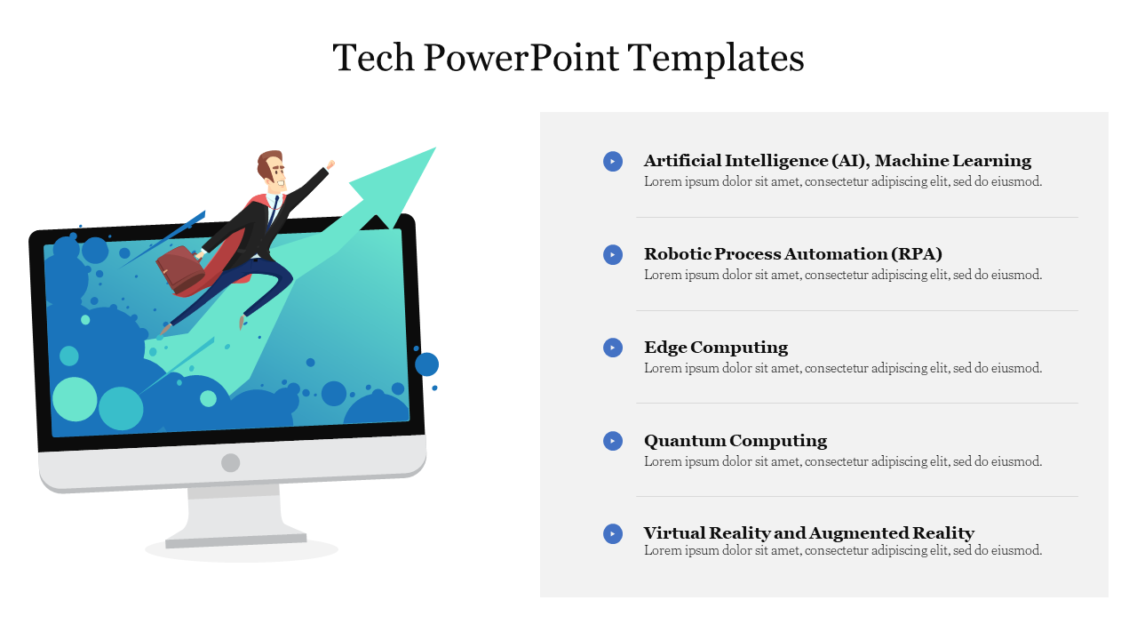 Tech PowerPoint template featuring a man riding an arrow emerging from a computer screen with placeholder text.