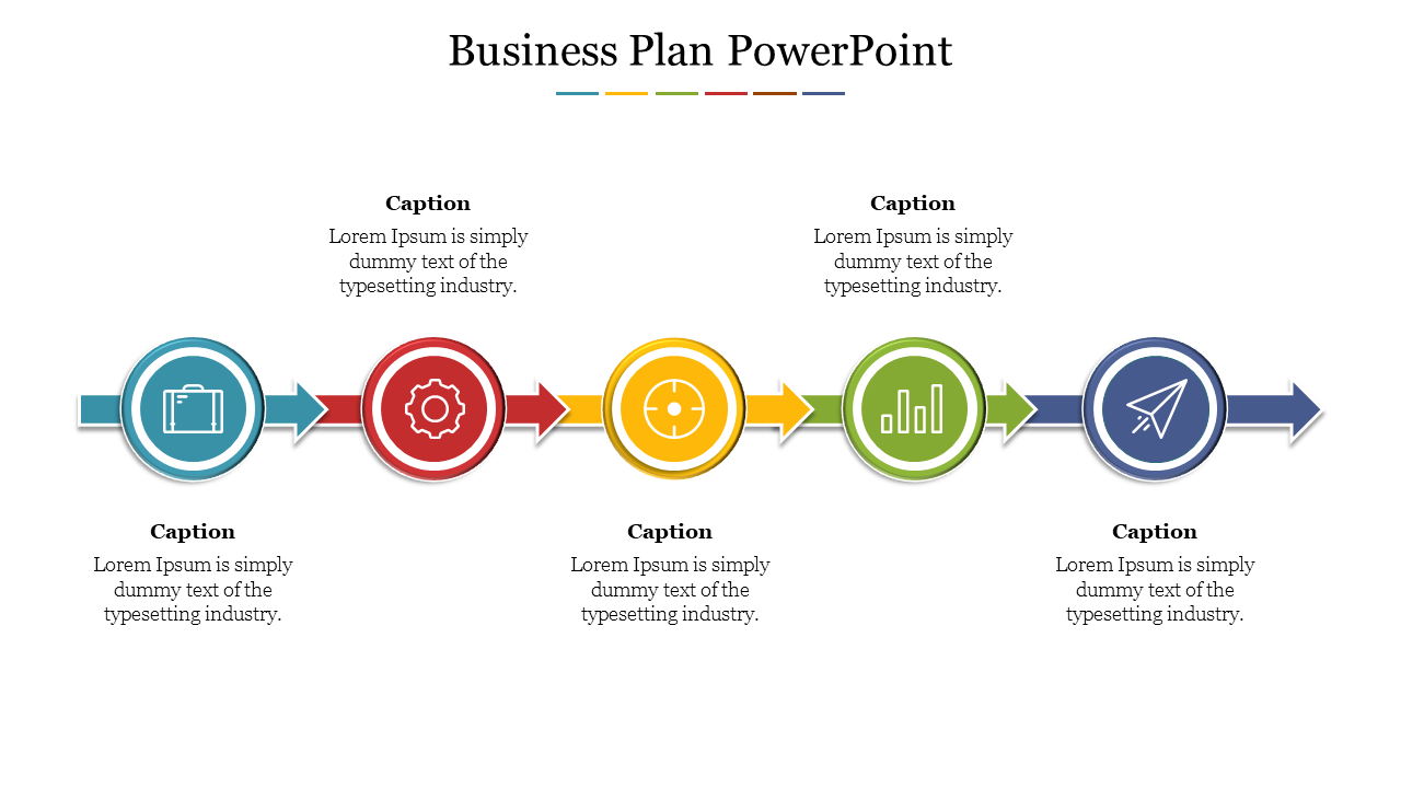 A colorful business plan slide featuring a step by step flowchart with distinct colored icons with captions.