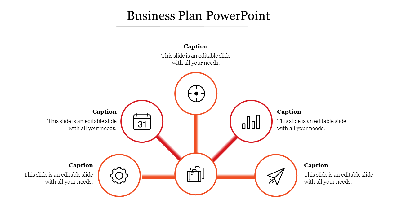 Central business icon connected to five red circular nodes in orange with icons representing different aspects.