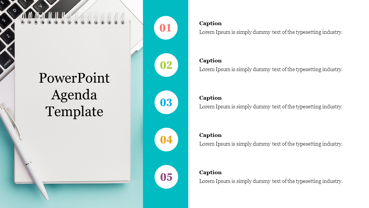 Agenda template with a notebook, pen, and laptop, along with five numbered points on a teal divider in the middle.