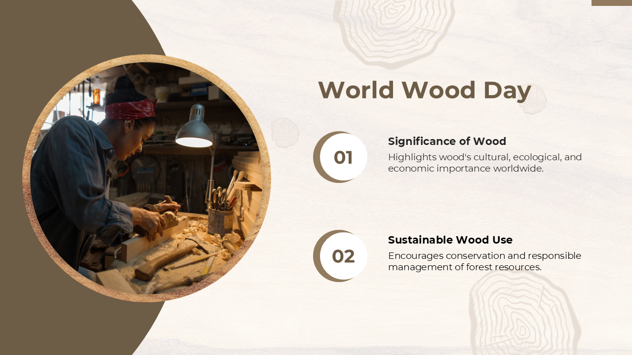 World Wood Day slide with a woodworker photo, earthy colors, and sections on wood’s significance and sustainable use.