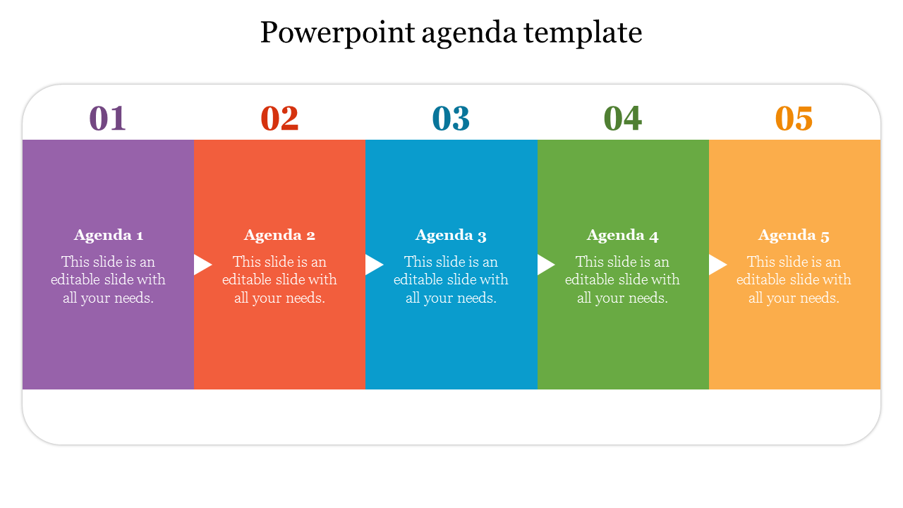 A colorful agenda slide featuring five sections, each labeled with five sections and placeholder text.