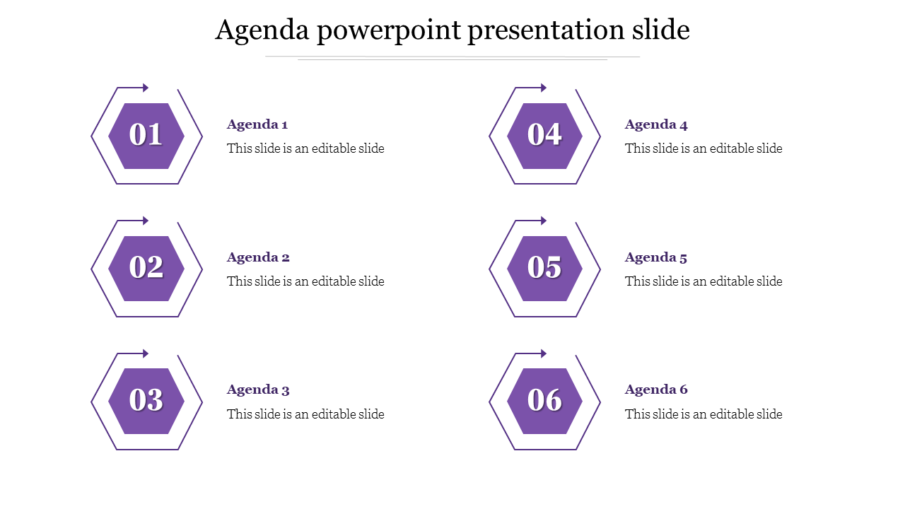 Sequence of six purple hexagons with arrows outlines, numbered from 01 to 06, arranged in two columns.