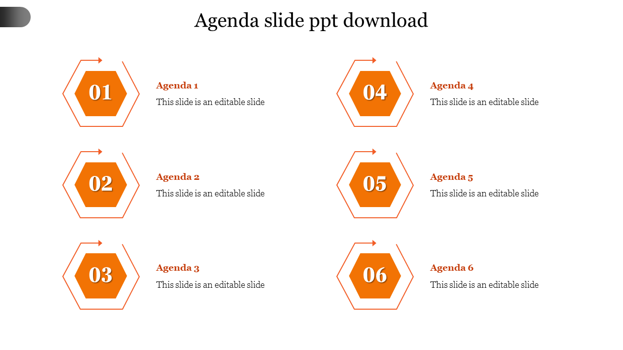 Vertical list of six orange hexagonal agenda items, each with an outlined arrow and a numbered step.