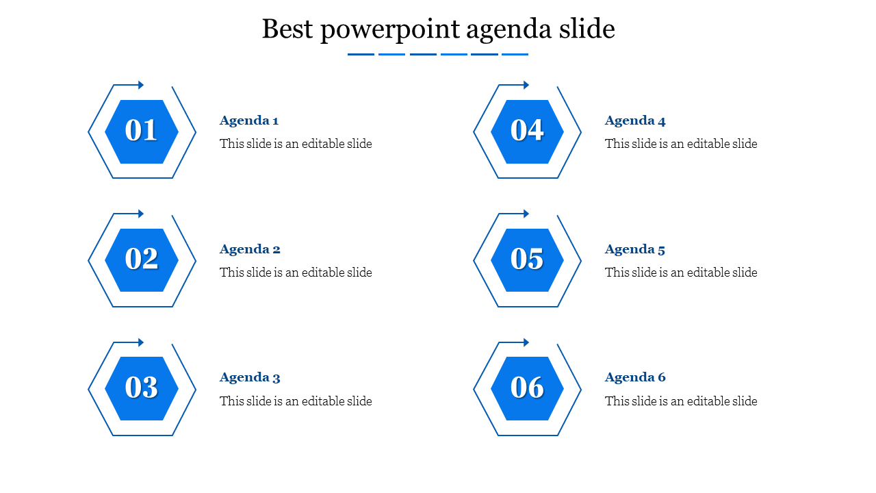 Modern agenda PPT template featuring a clean layout with blue hexagonal icons and text sections on a white backdrop.