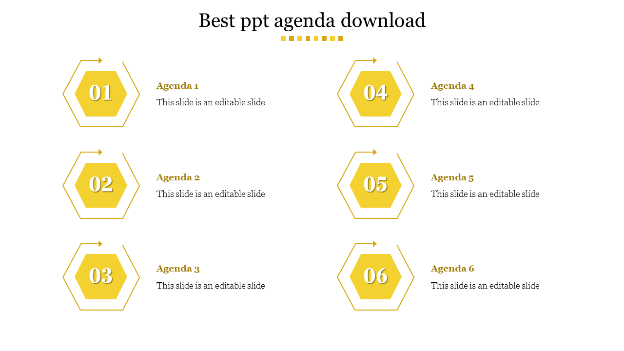 Colorful PowerPoint agenda template with six hexagon shaped sections for different agenda items.