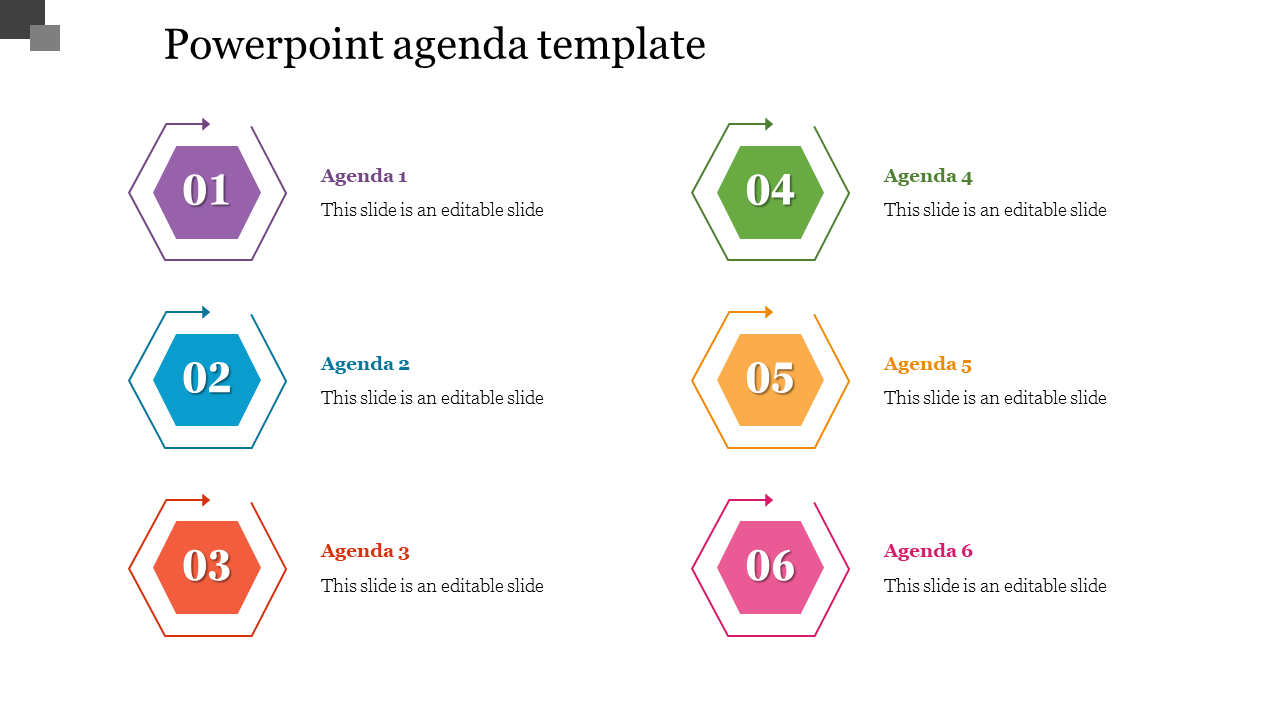 Six-step agenda template with hexagonal icons, each in a unique color, displaying step numbers with arrows.