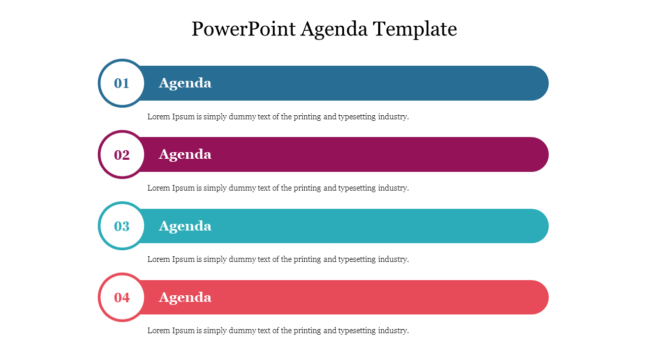 A simple agenda PowerPoint presentation with four sections highlighted in varying colors.