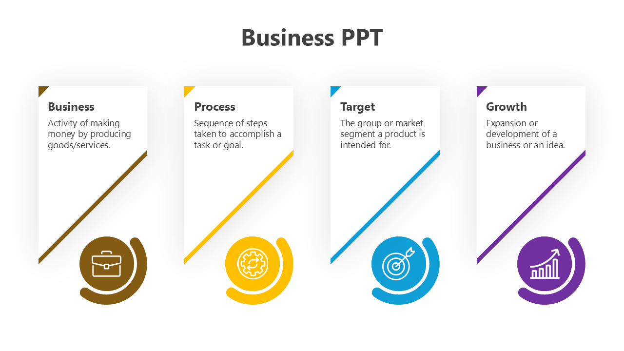 Business workers slide showcasing four roles from Manager, Trainer to Employee, each with corresponding icons.