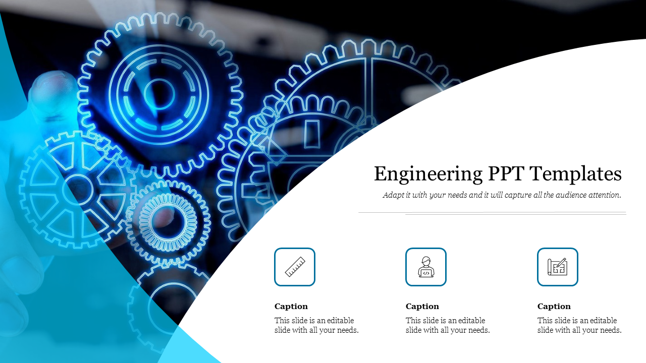 Engineering template with gear illustrations on the left and three icon-labeled caption areas on the right.