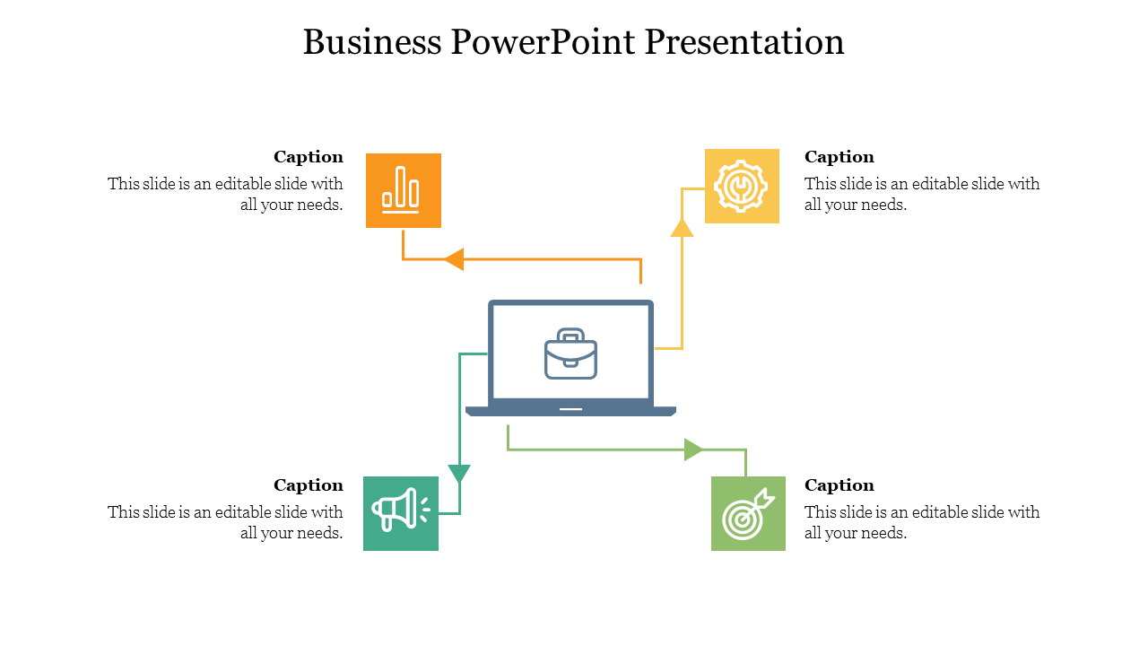 PowerPoint slide for business presentations, featuring a laptop with icons for data analysis, strategy, marketing, and goals.