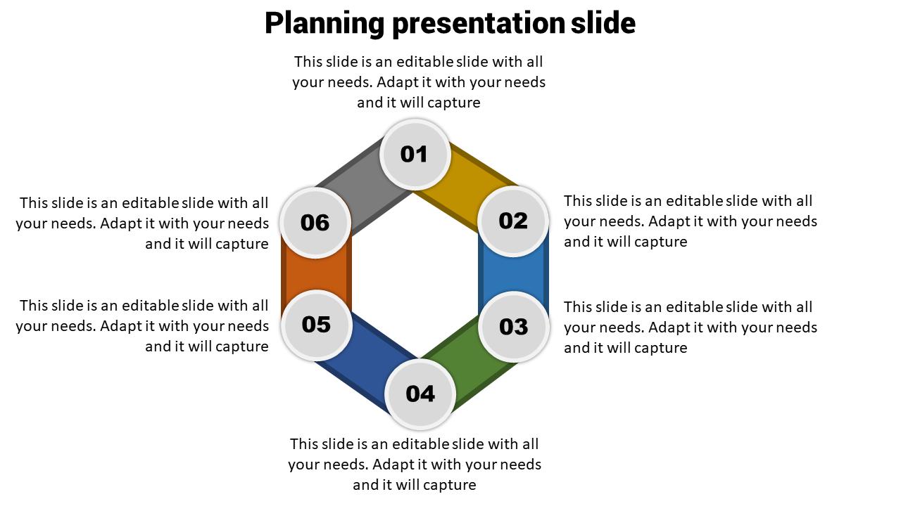 Hexagonal planning diagram with six colorful segments labeled 01 to 06 and text around the shape.