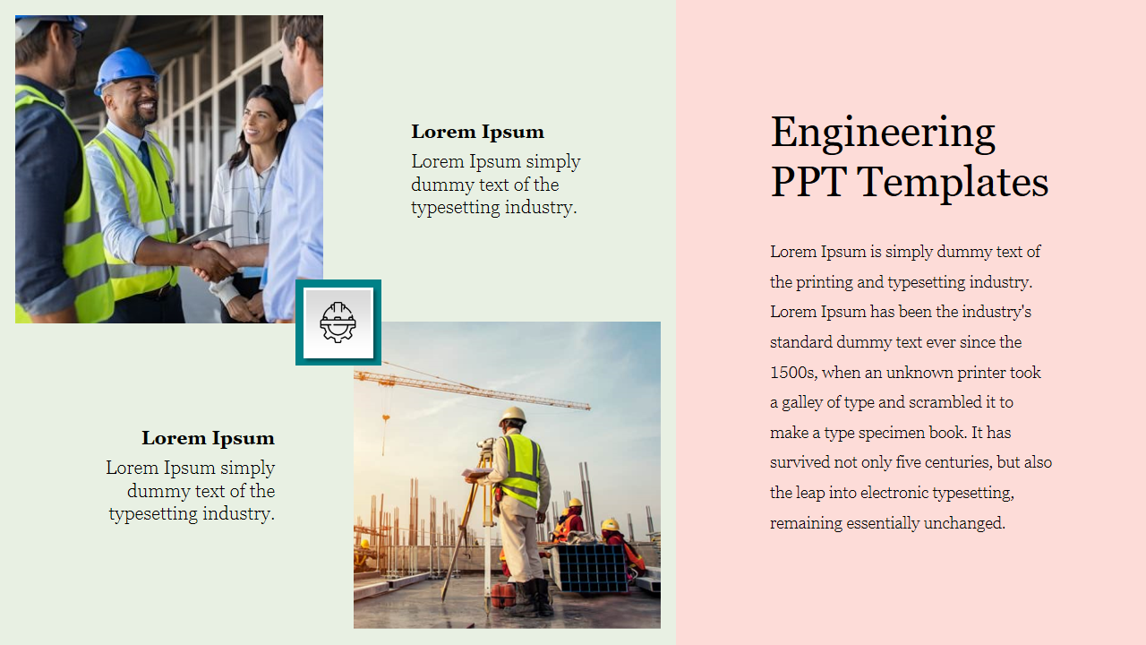 Engineering PowerPoint template with images of construction workers and a description of the template's purpose.