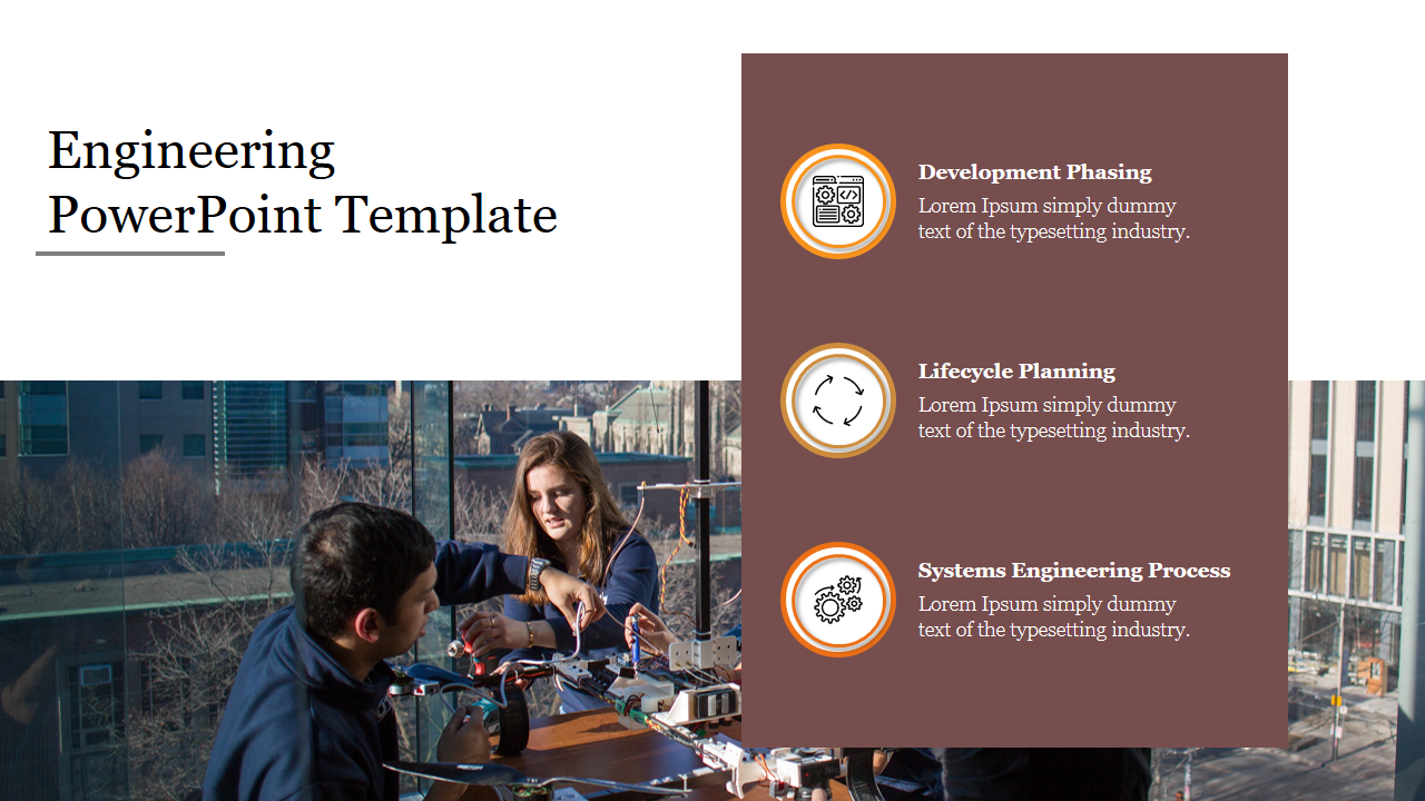 Engineering slide featuring a team working on a project, with three sections and icons with placeholder text.