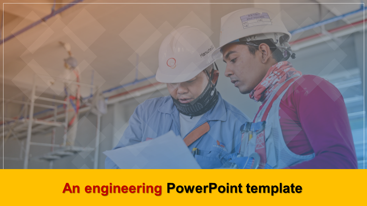 Engineering PowerPoint template featuring two workers examining documents on a construction project.