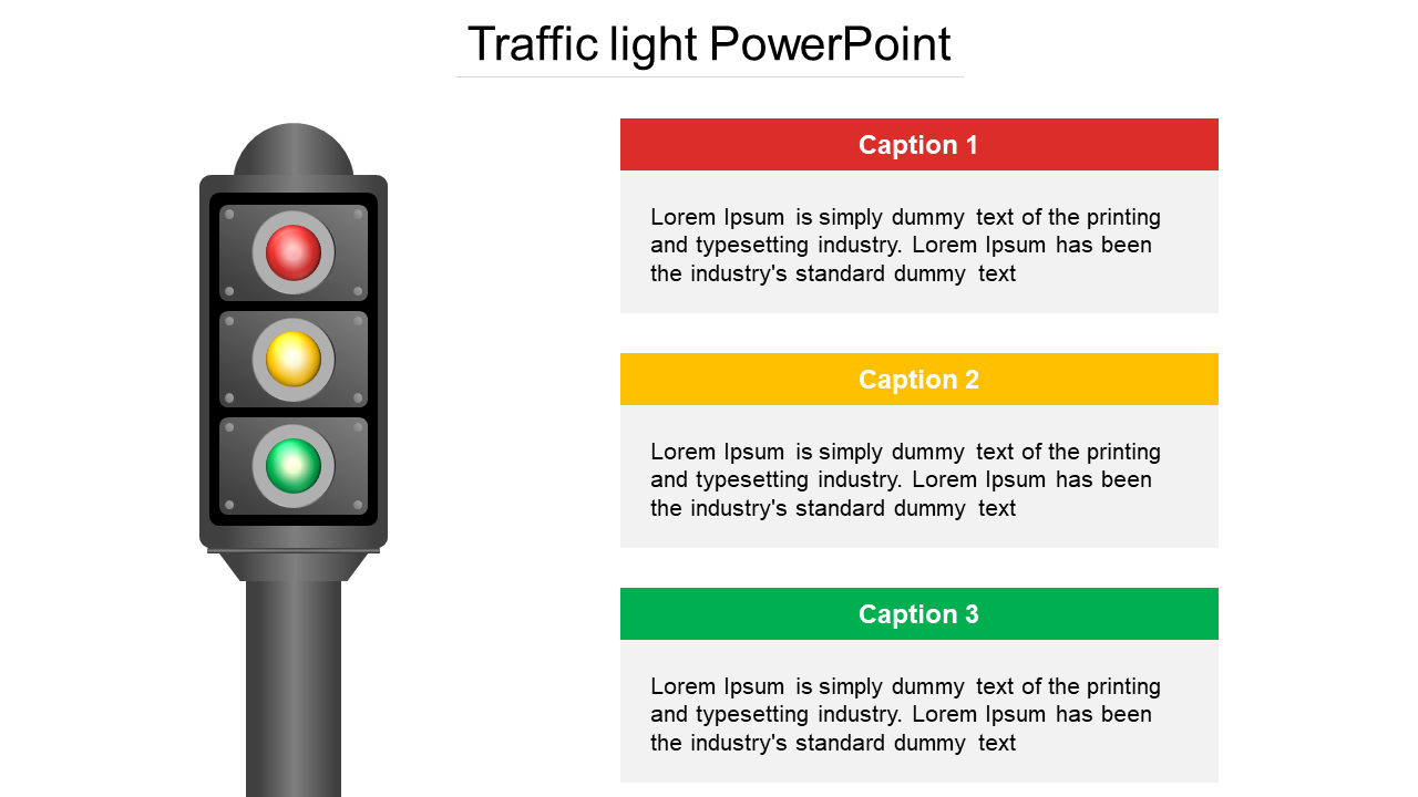 Traffic light illustration with red, yellow, and green, alongside labeled captions in matching colors.