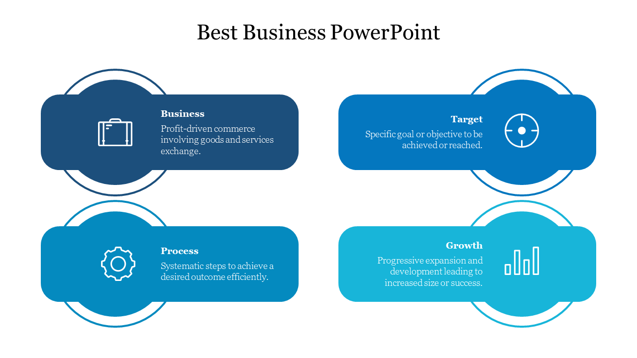 Business PowerPoint slide with icons and descriptions for business, target, process, and growth in a professional layout.