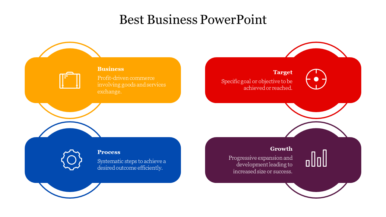 Colorful PowerPoint slide showcasing key business concepts from Business to Growth with corresponding icons.