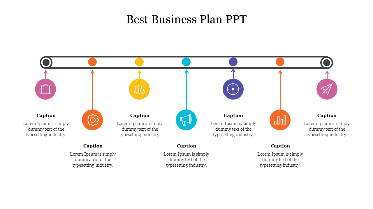 Business plan timeline with six milestones marked by vibrant icons and each with captions areas.