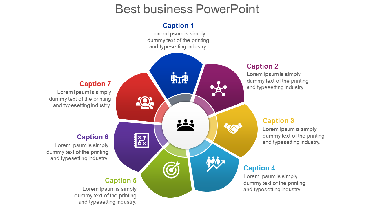 Business slide featuring a circular diagram with seven colored sections, each containing a caption, icon, and text.