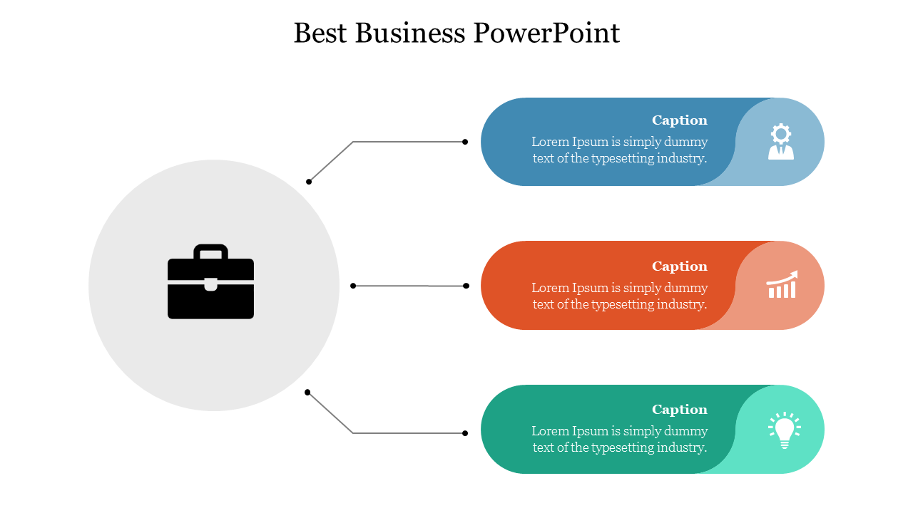 Best Business PowerPoint slide featuring three sections with icons a briefcase, a gear, a graph, and a lightbulb.