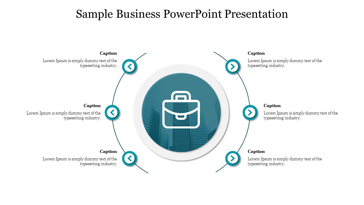 Business-themed circular diagram featuring a briefcase in the middle and each with labeled captions areas.