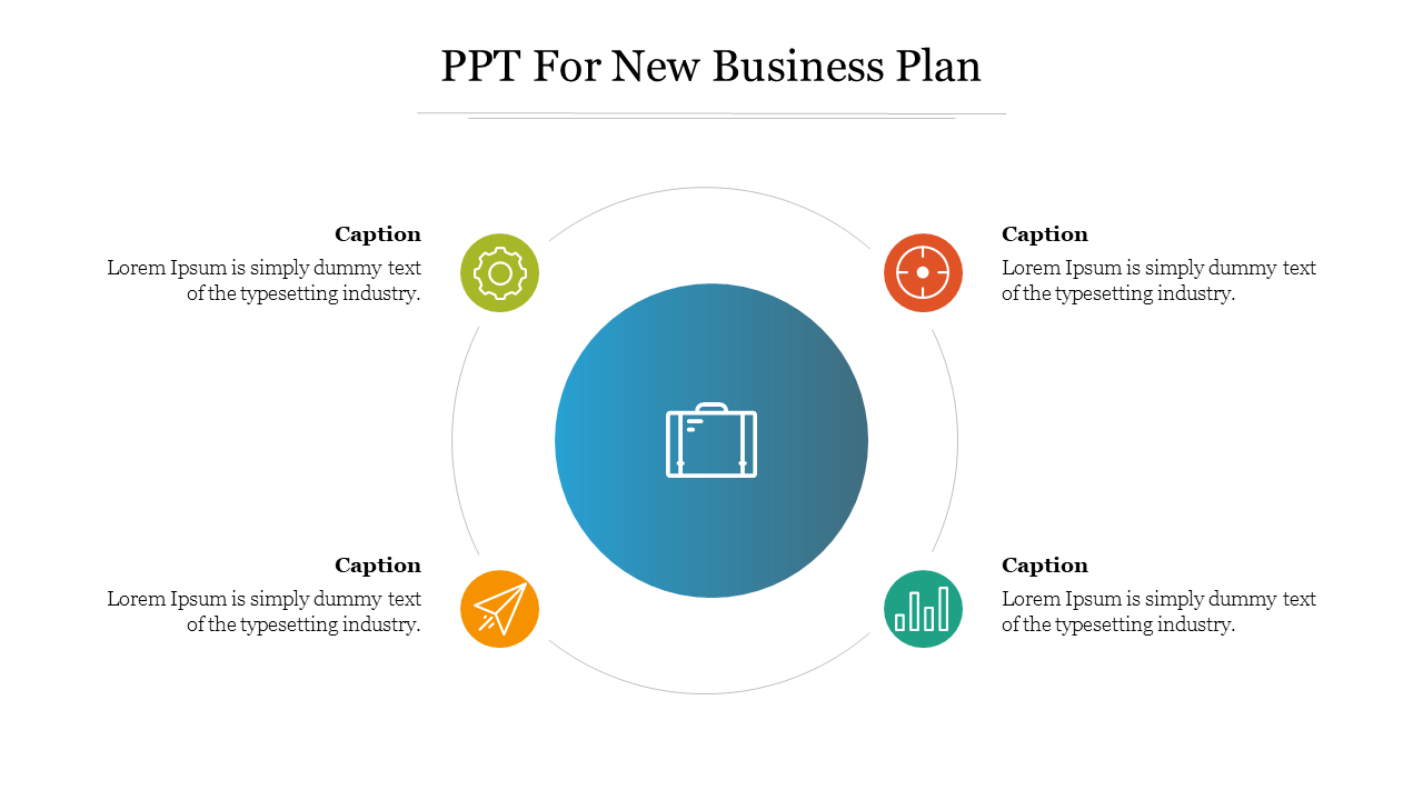 Business plan template featuring a central briefcase icon and supporting circular elements with caption areas.