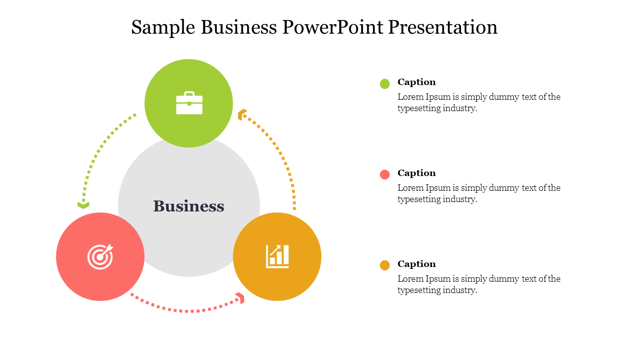 A business slide featuring a central Business label with icons for a briefcase, target, and graph, connected by arrows.