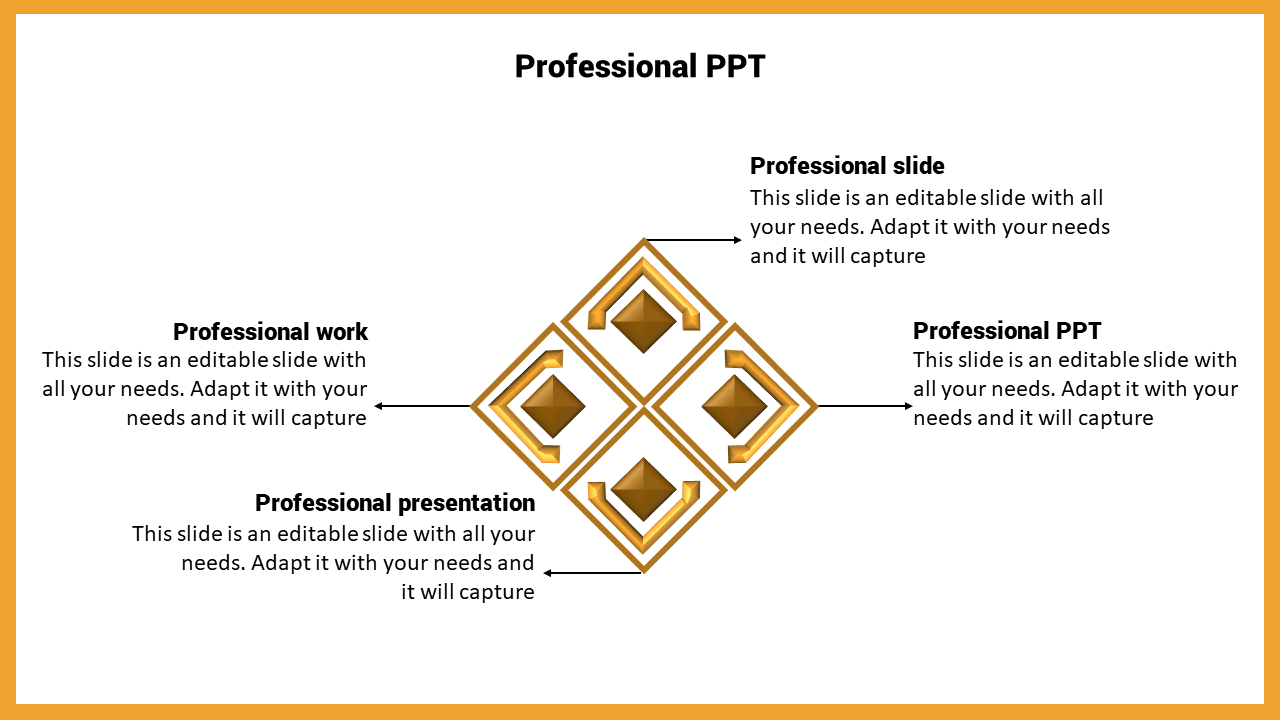 Professional slide featuring gold diamond icons linked in a symmetrical layout with placeholder text areas.