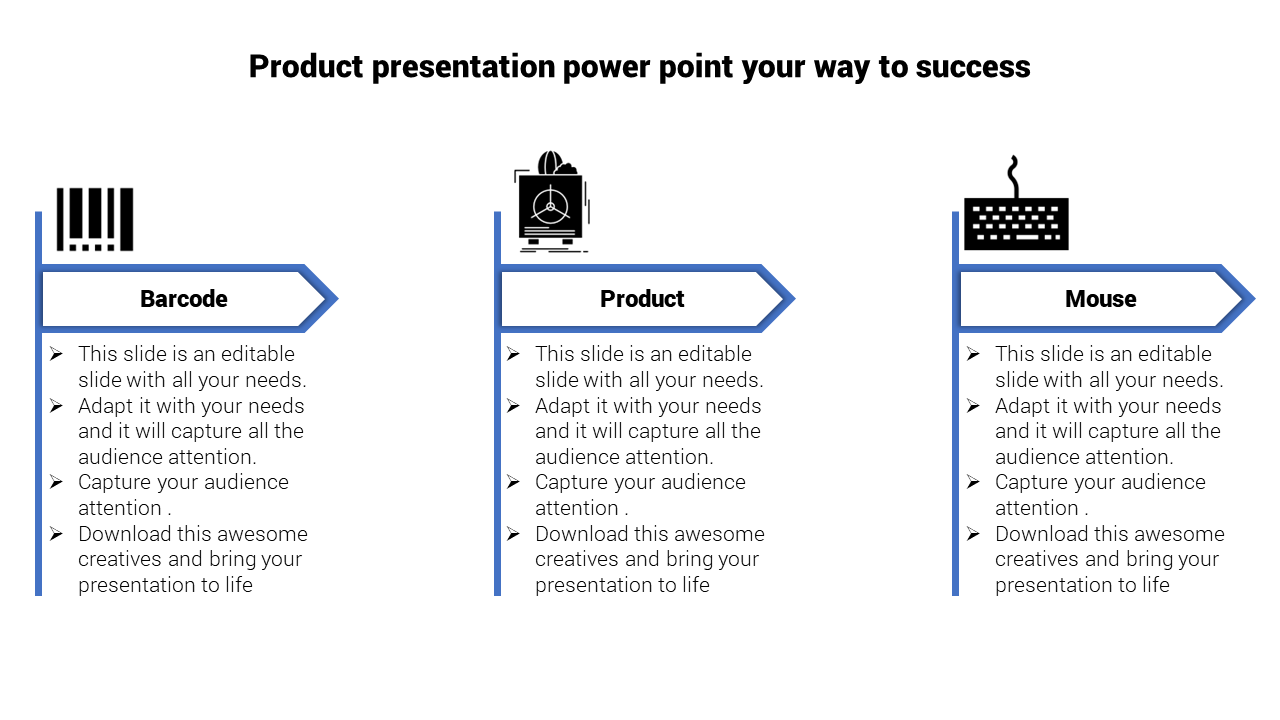 Three column layout showcasing barcode, product, and mouse concepts with blue highlights and black icons.