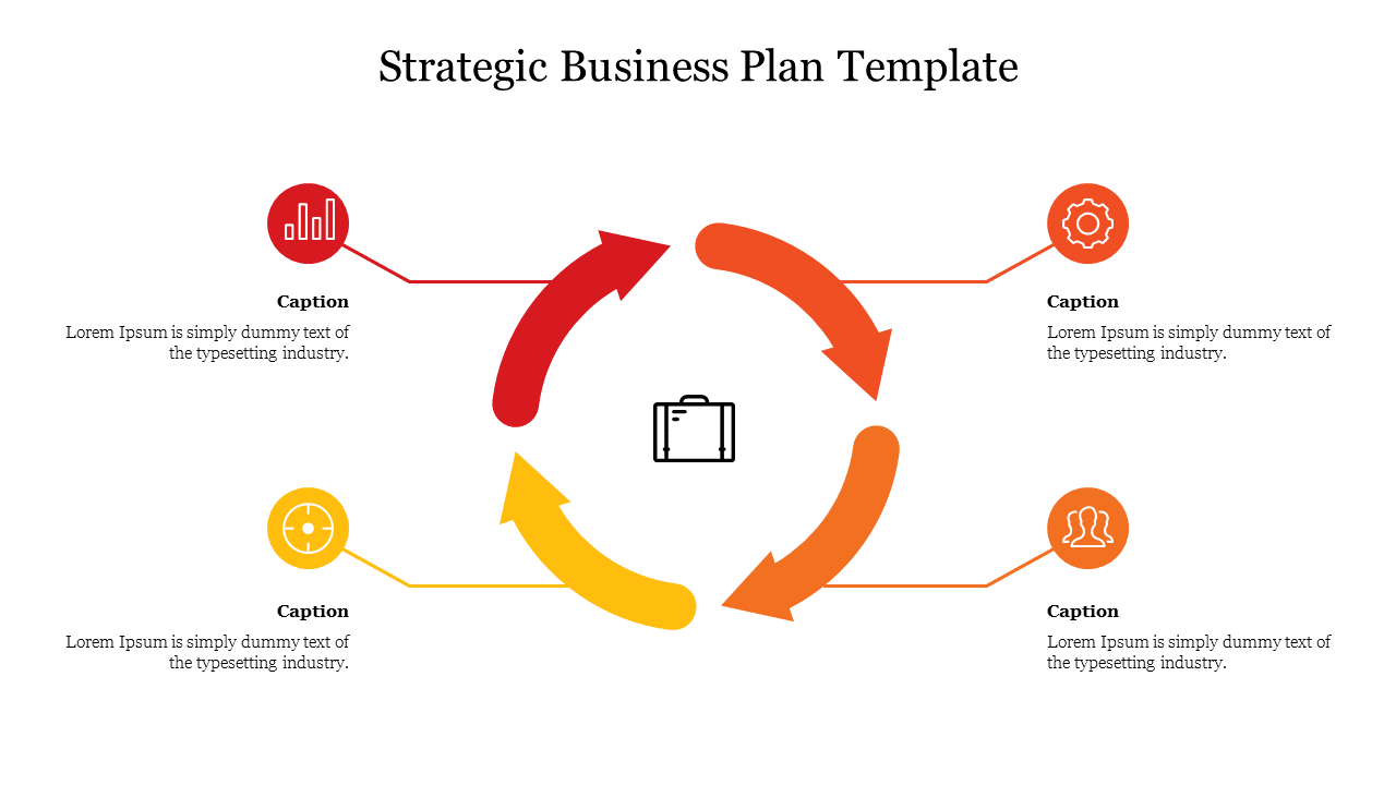 Strategic business planning graphic with circular arrows and icons representing various elements around a central briefcase.