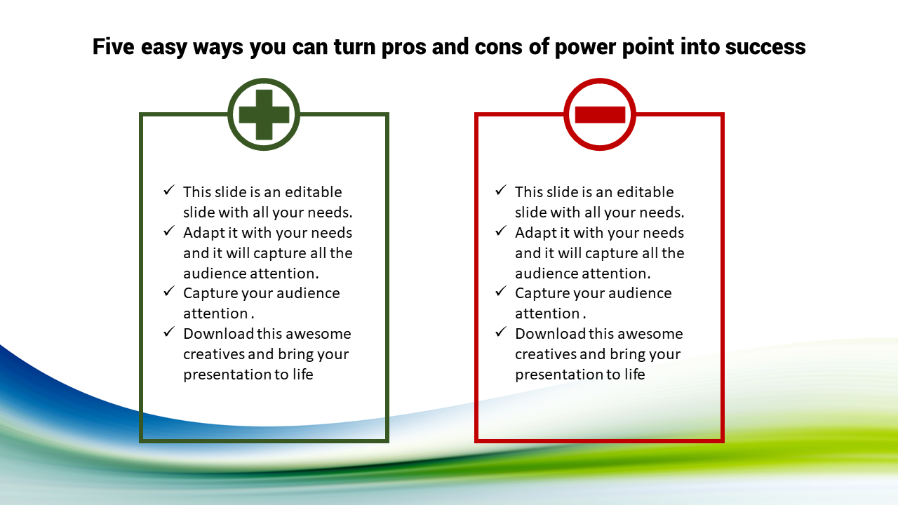 A comparison slide featuring pros (green plus) and cons (red minus) boxes, showing tips for enhancing presentations.