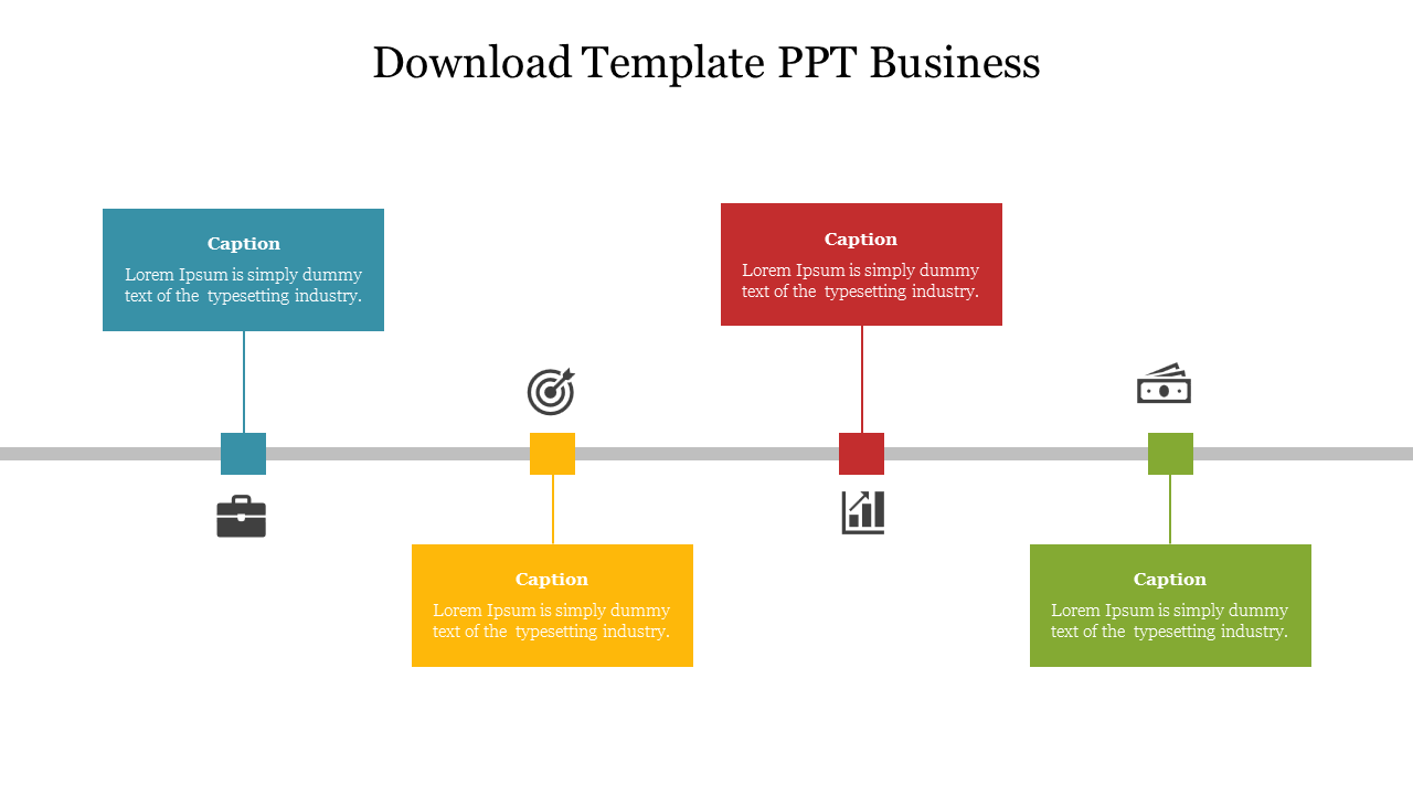 Infographic featuring four vertical connectors attaching to a horizontal timeline with distinct business-themed icons.