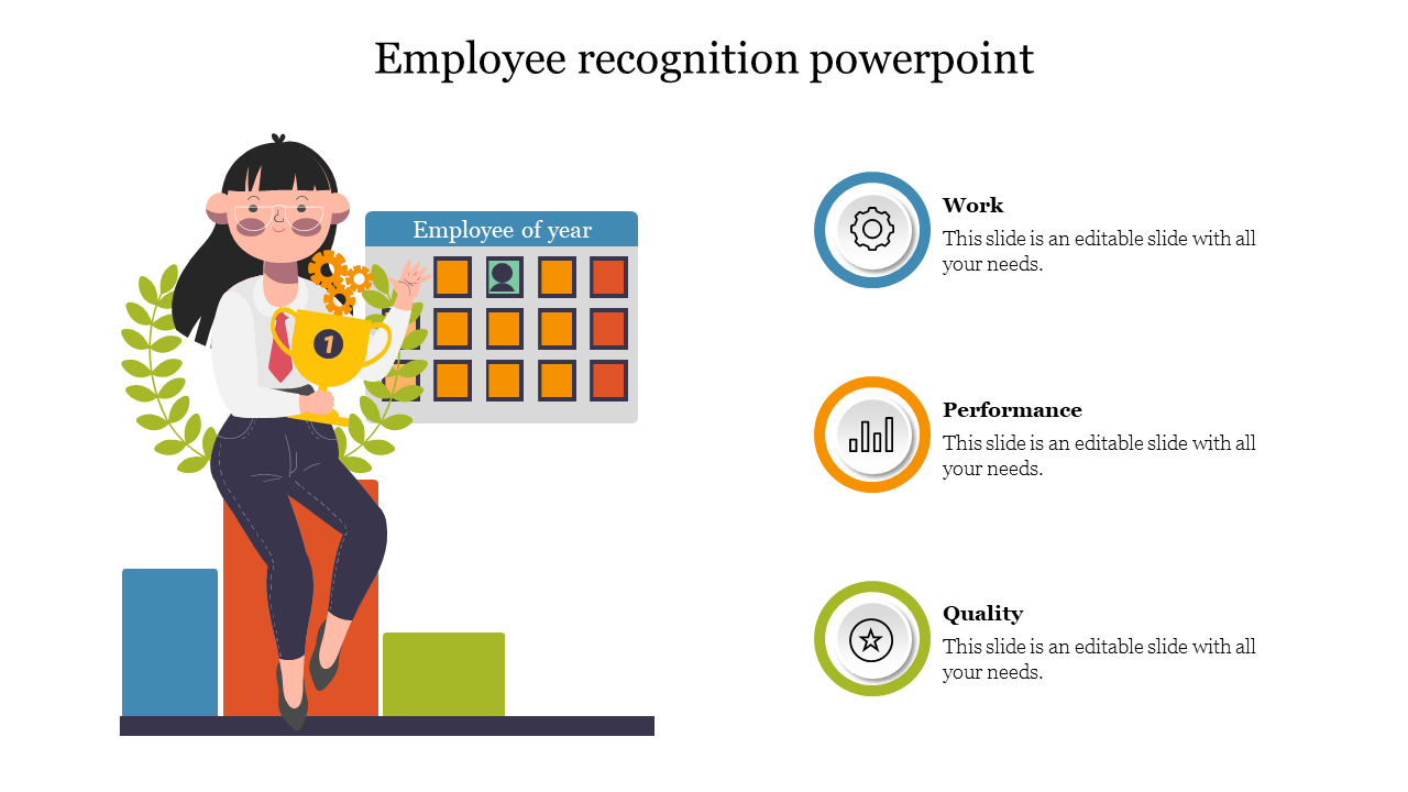 Employee of the year slide featuring an illustration of a woman holding a trophy, surrounded by a calendar with icons.