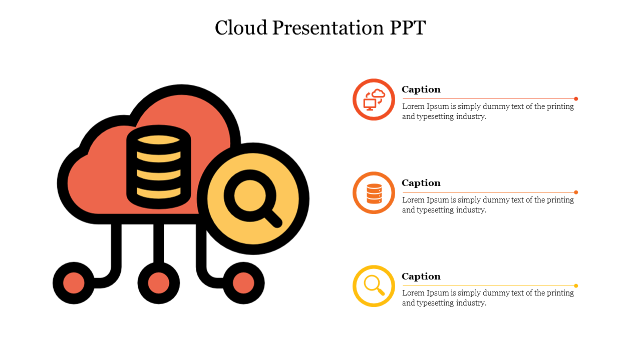 Illustration of a red cloud with yellow database and search icons, connected to three captions on the right.