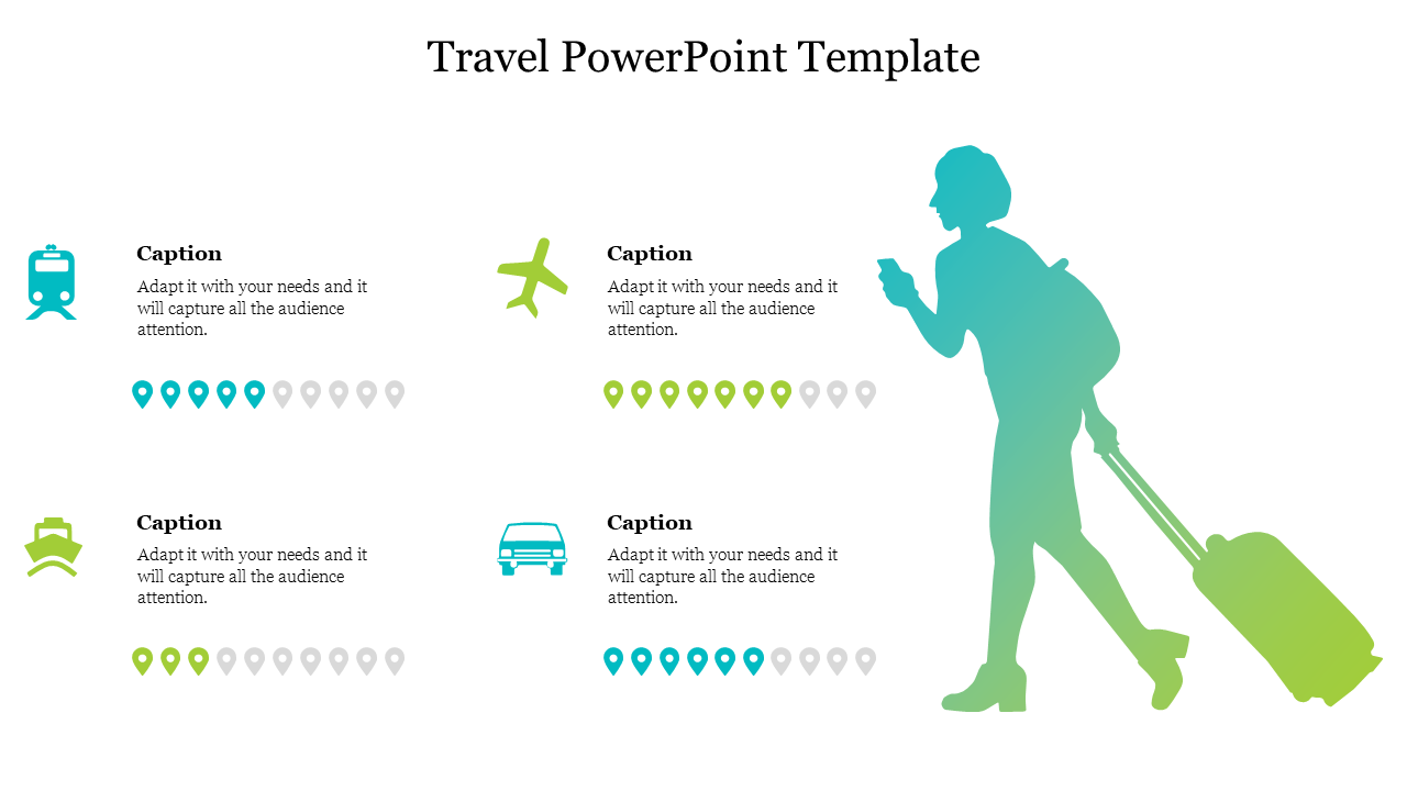 Travel themed slide featuring a gradient silhouette of a person pulling luggage, with four transportation icons and text.