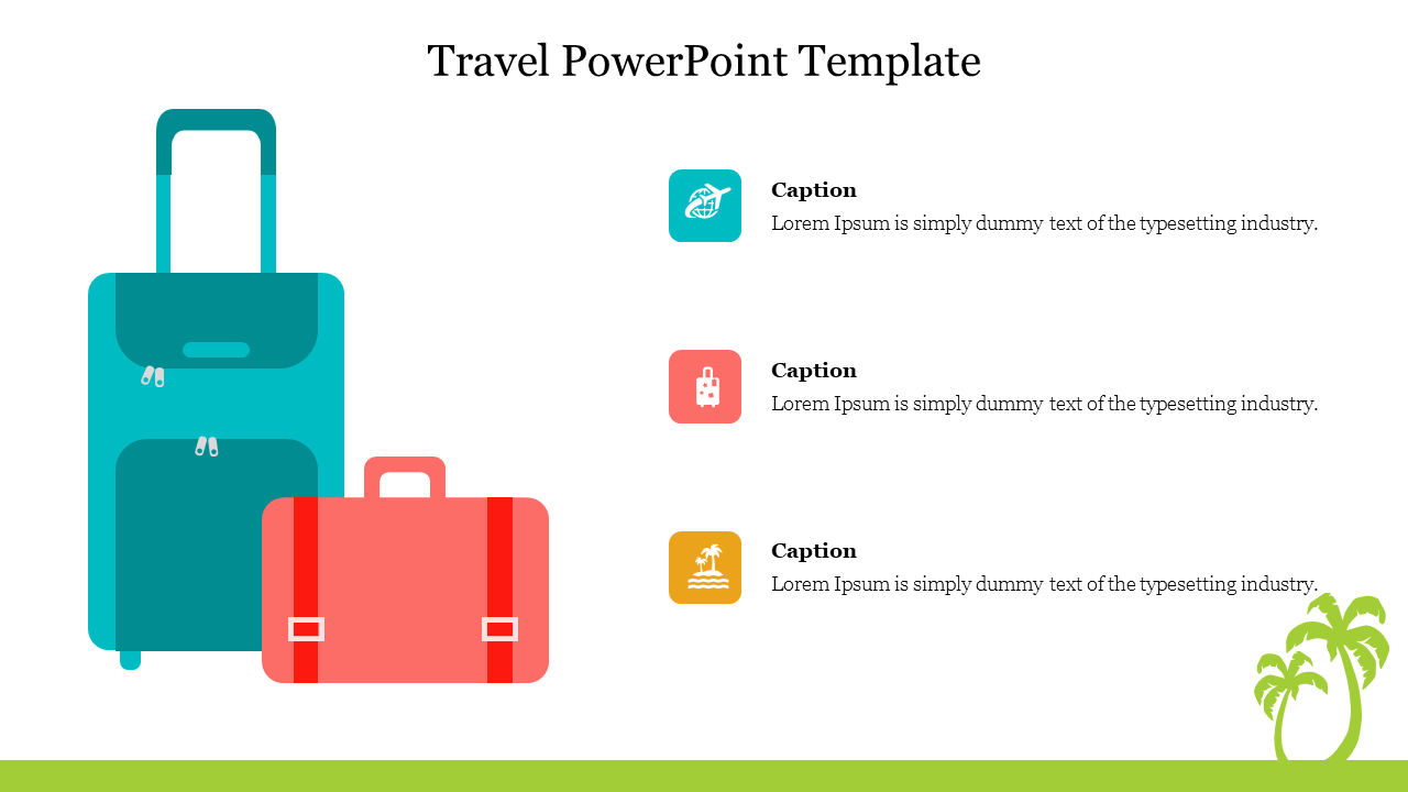 Travel layout with teal suitcase, red bag, and three colored icons with captions on right and a green palm tree on bottom.