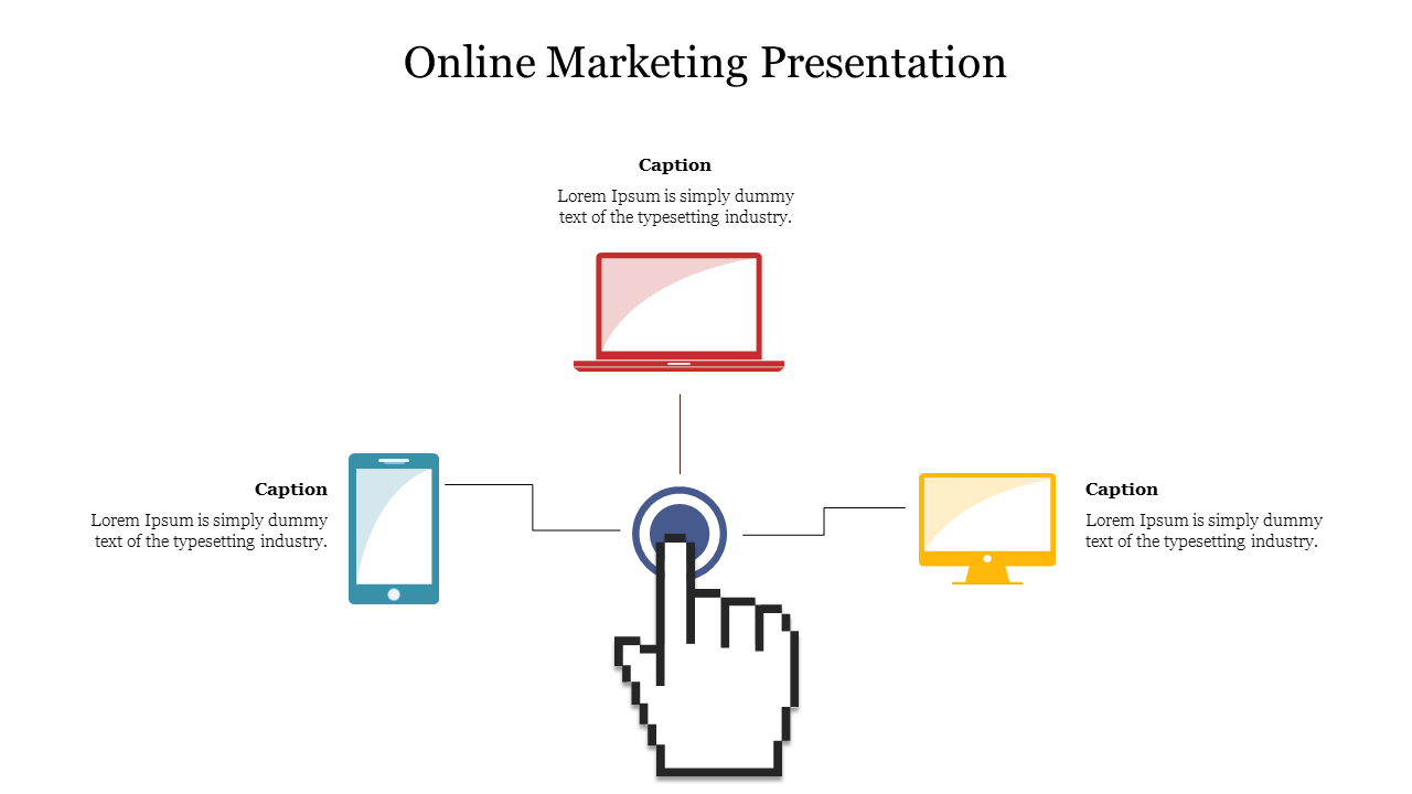 Online marketing slide showing a central cursor hand icon connected to a laptop, smartphone, and desktop monitor.