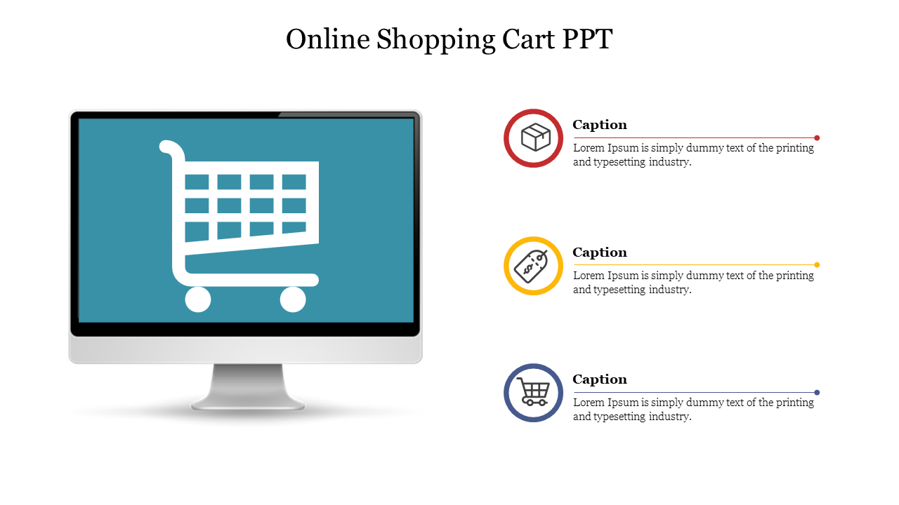 PowerPoint slide with an online shopping cart graphic displayed on a computer monitor and three captions for details.