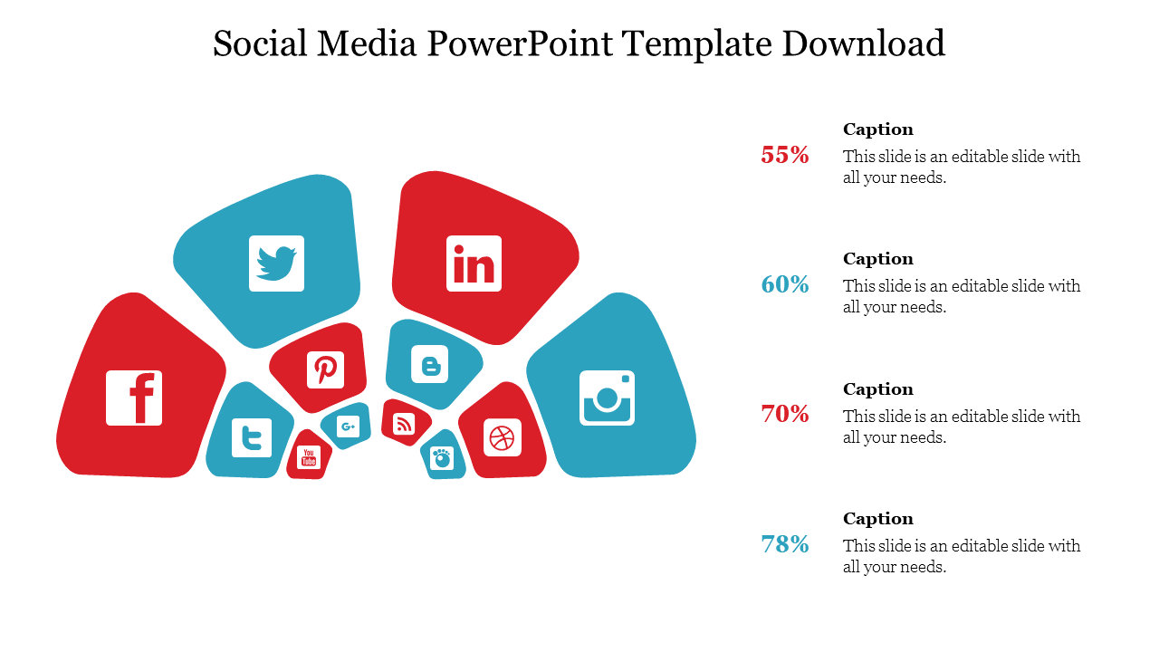 Slide featuring social media platform logos in red and blue shapes, linked to captions and percentages for analysis.