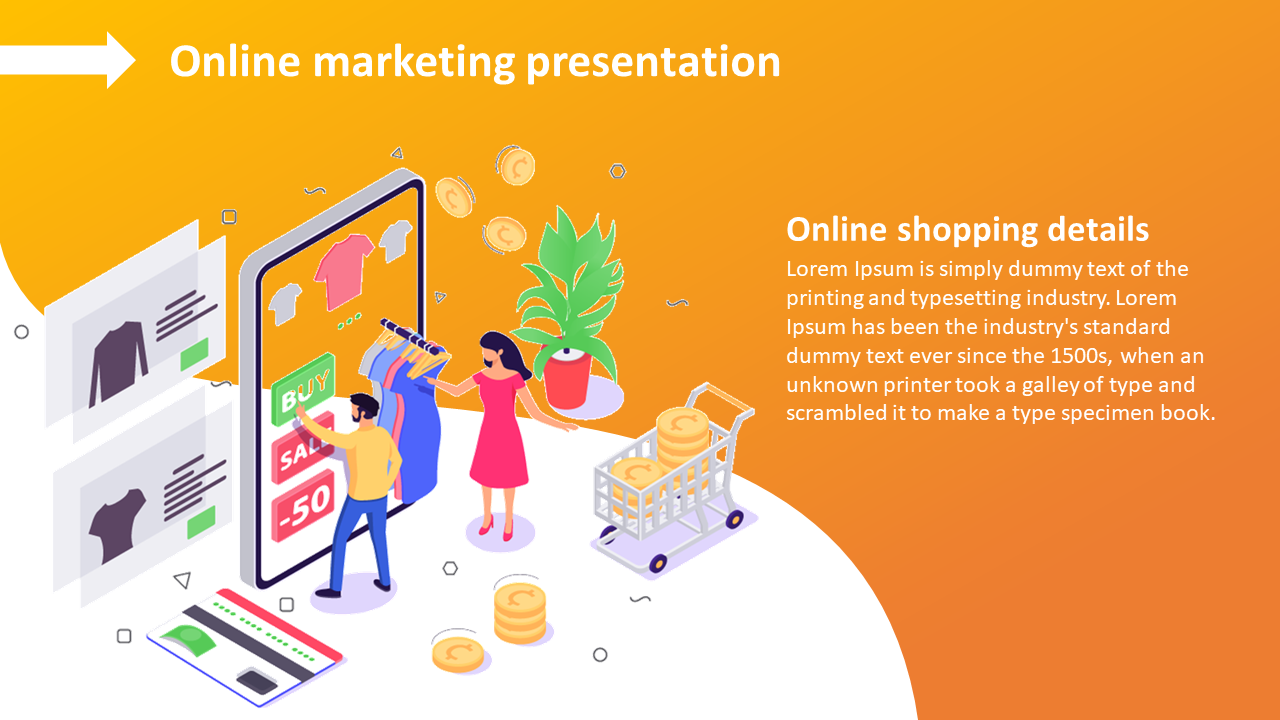 Illustration of people shopping online using a large mobile screen and a shopping cart, on orange gradient background.