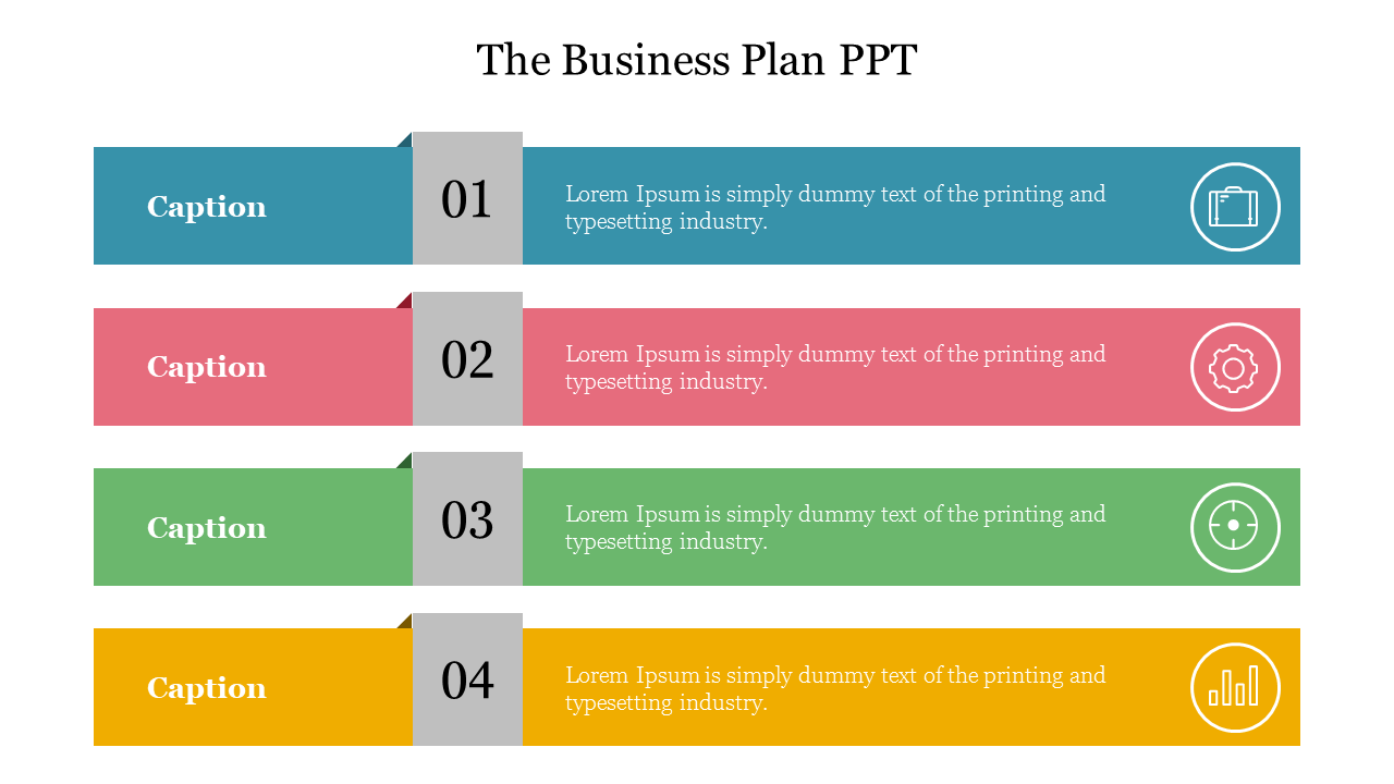 Four-step business plan slide with colorful bars labeled 01 to 04, each containing an icon and placeholder text.