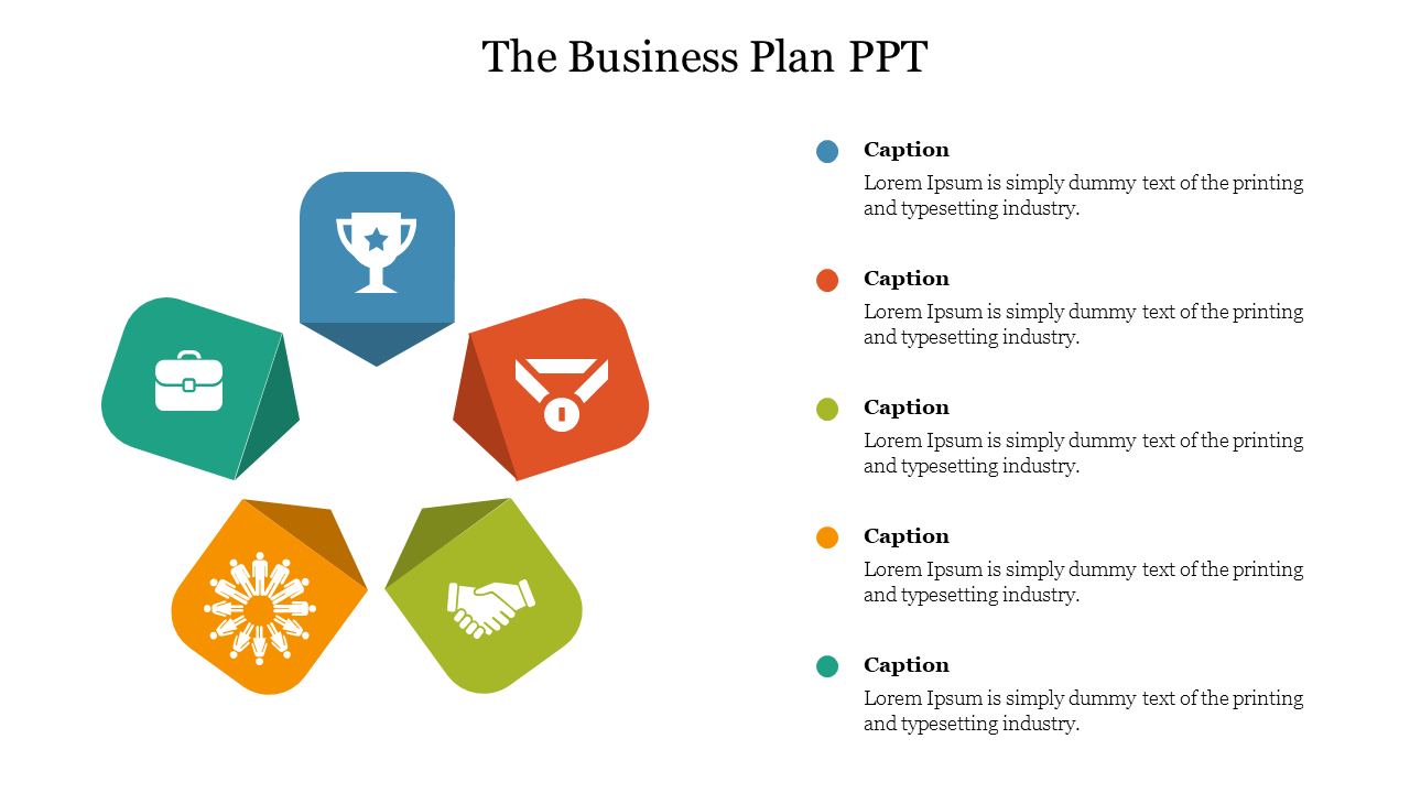 Circular arrangement of business icons including handshake, trophy, and networking in a pentagonal theme.