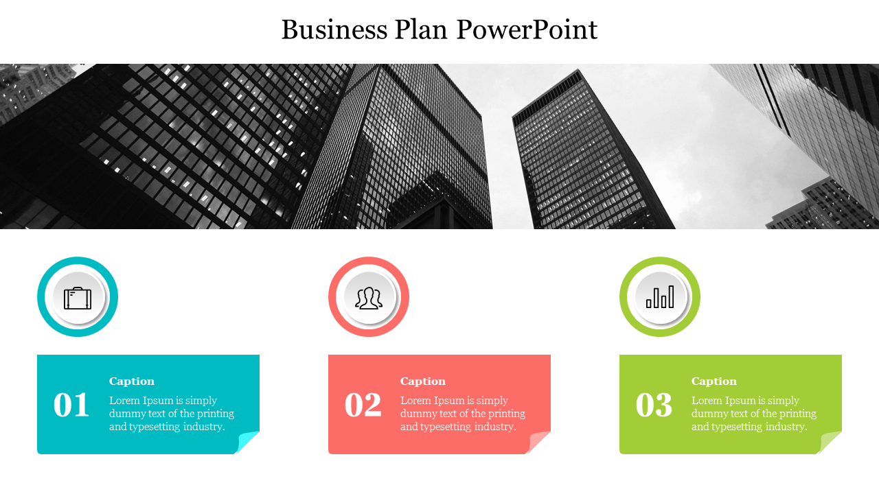 Business slide with black skyscraper header and three colorful sections in teal, red, green icons below white backdrop.