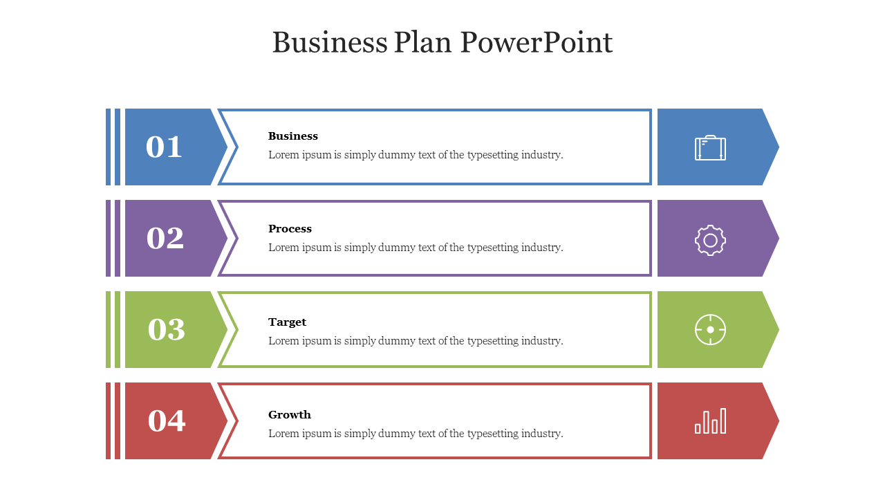 A business plan PowerPoint slide with four sections Business, Process, Target, and Growth, each with a corresponding icon.