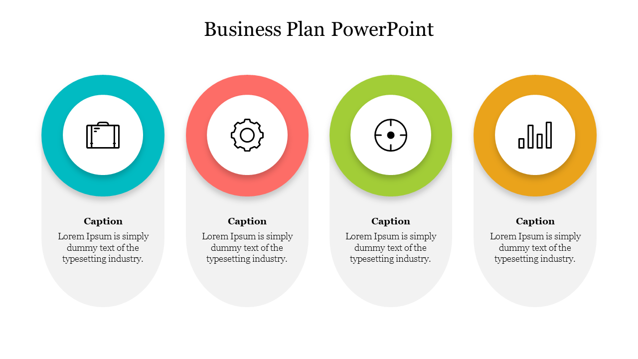 Business plan layout with teal, red, green, and orange icons depicting key objectives each placed with caption areas.