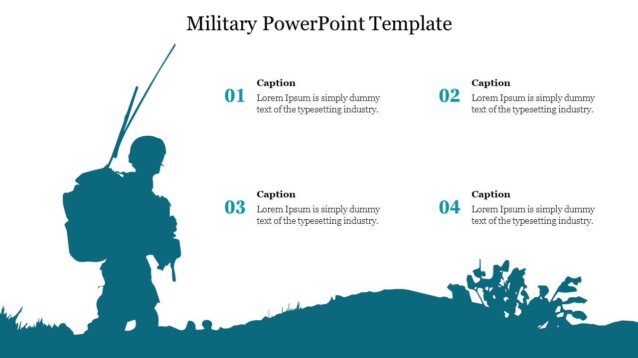 Military PowerPoint template featuring a silhouette of a soldier with a radio on a field background, with four caption areas.