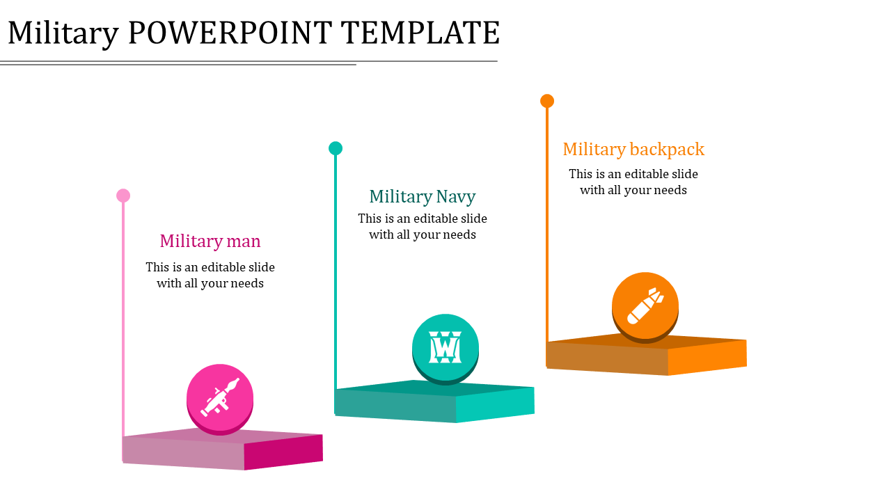 Military slide showcasing three sections with colored icons for military man, navy, and backpack with text area.