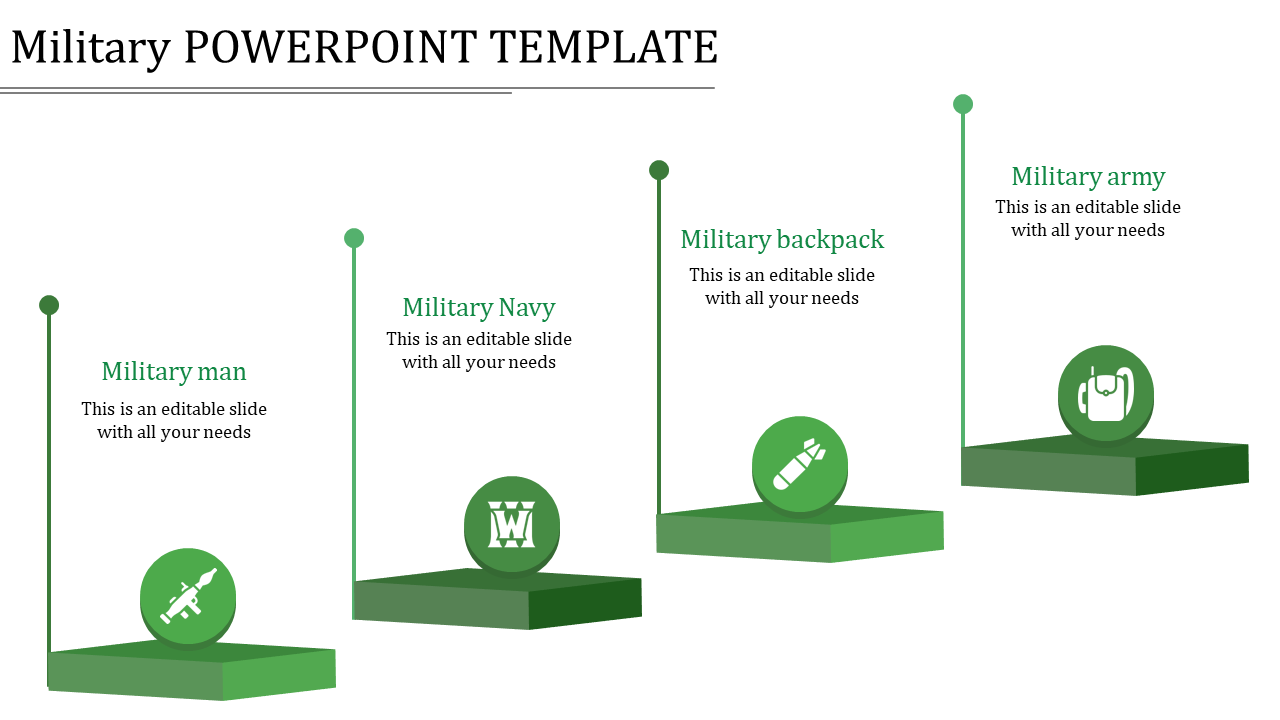 Four green platforms arranged horizontally, each displaying circular icons for military themes connected with lines.